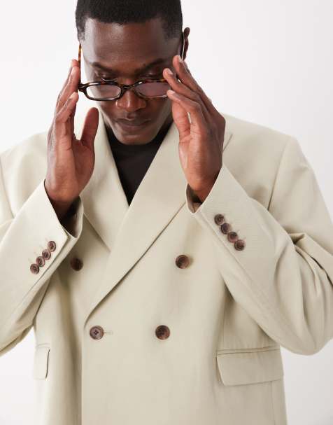 ASOS DESIGN – Zweireihiger, kastiger Anzugblazer in Steinbeige mit hohem Leinenanteil - view 1