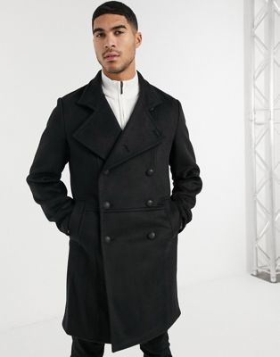 ASOS DESIGN – Zweireihiger Mantel aus Wollmischung mit Military-Details in Schwarz