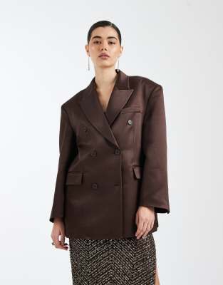 ASOS DESIGN - Zweireihiger Oversize-Blazer aus Satin in Schokobraun-Brown