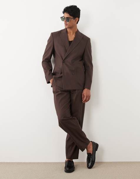 ASOS DESIGN – Zweireihiger Regular-Fit-Anzug aus 100% Baumwolle in Braun im Leinen-Look - view 1