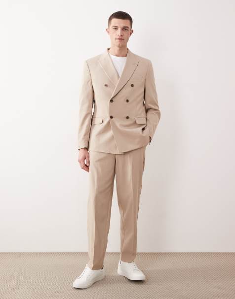 ASOS DESIGN – Zweireihiger Regular-Fit-Anzug aus feinem Twill in Beige - view 1