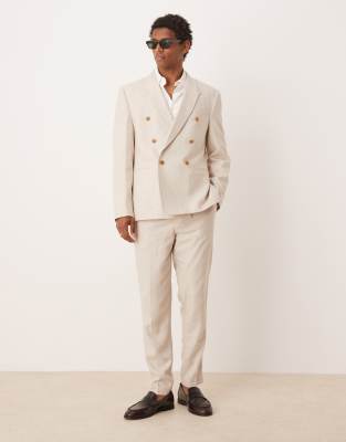 ASOS DESIGN – Zweireihiger Regular-Fit-Anzug aus Leinenmix in Naturbeige - view 1
