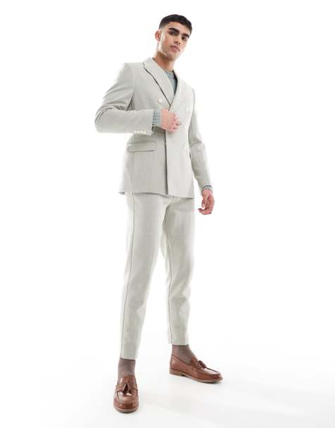 ASOS DESIGN – Zweireihiger Regular-Fit-Anzug aus Wollmix in Salbeigrün mit Bindungsmuster - view 1