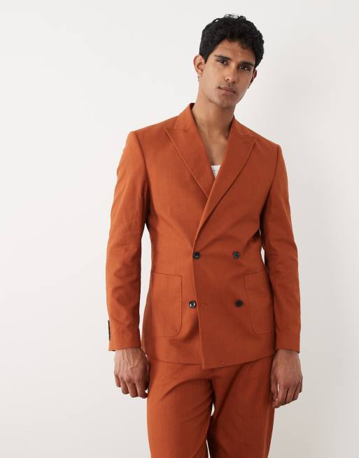 ASOS DESIGN – Zweireihiger Regular-Fit-Anzug in dunklem Orange aus 100% Baumwolle im Leinen-Look, 2 von 3