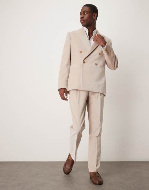 ASOS DESIGN – Zweireihiger Slim-Fit-Anzug aus Baumwollsamt in Steinbeige - view 1