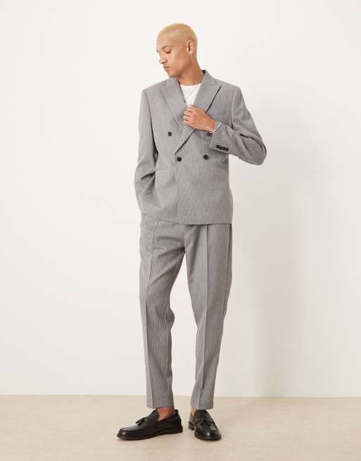 ASOS DESIGN – Zweireihiger Slim-Fit-Anzug in Grau mit Nadelstreifen