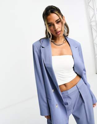 ASOS DESIGN - Zweireihiger Twill-Blazer in Blau