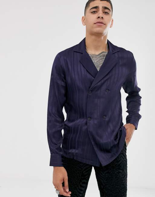 ASOS DESIGN – Zweireihiges Satinhemd in Marineblau