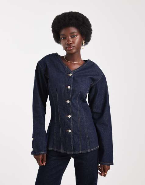 ASOS DESIGN denim high v neck cinch shirt with shoulder pads in indigo