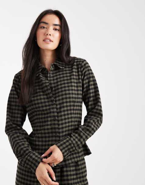 ASOS DESIGN cinched shirt in co-ord in black & khaki check