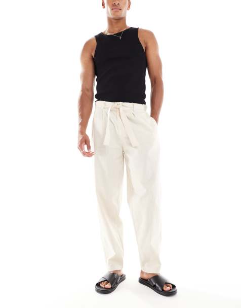 ASOS DESIGN oversized tapered linen look trouser with belt in beige 