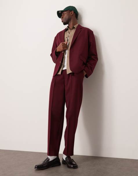 ASOS DESIGN – Zwężane bordowe spodnie garniturowe oversize z diagonalu - view 1