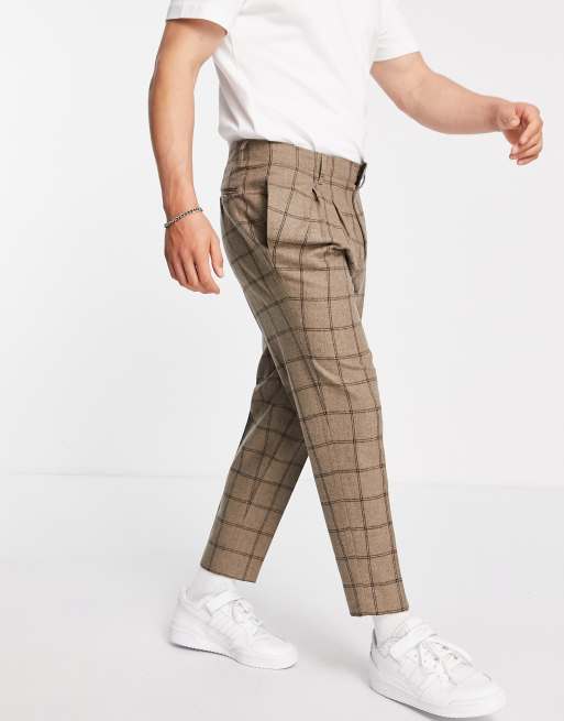 ASOS DESIGN – Zwężane, eleganckie spodnie o krótkim fasonie z camelowego materiału w kratę z dodatkiem wełny