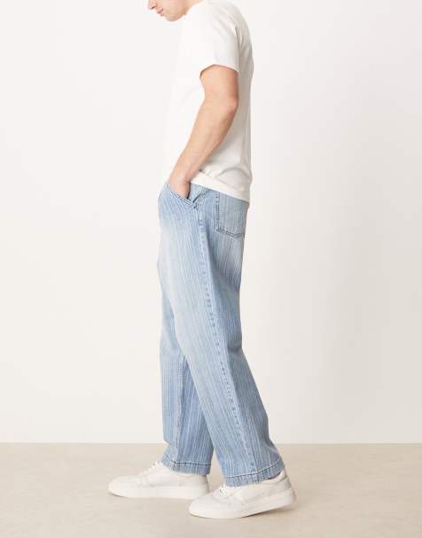ASOS DESIGN relaxed tapered jeans in light wash blue with stripe print