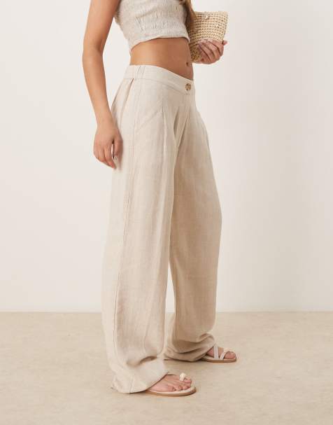 ASOS DESIGN pleat front tapered trousers with linen in stone