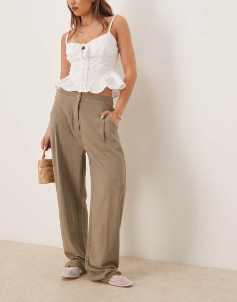 ASOS DESIGN pleat front tapered trousers with linen in khaki