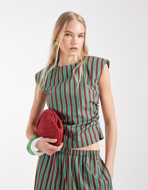 ASOS DESIGN – Zielono-czekoladowe wciągane spodnie z balonowymi nogawkami z mieszanki bawełny i nylonu w paski, 2 z 3