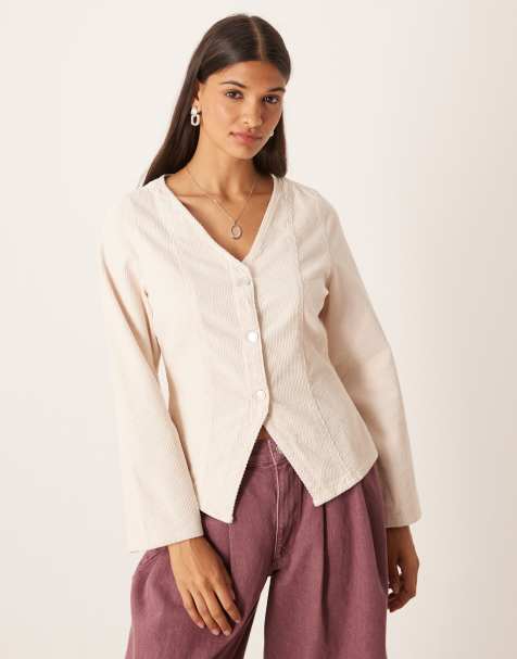 ASOS DESIGN long sleeve corduroy top with cinched waist