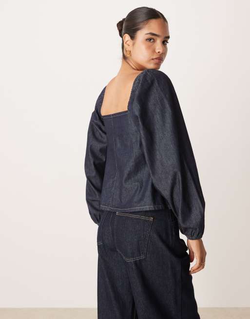 ASOS DESIGN - Zwierige denim top met lange mouwen met wassing, 3 van 4