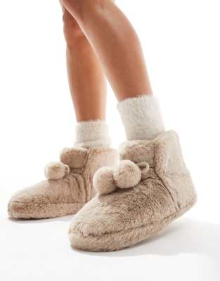 ASOS DESIGN - Zyla - Bootie-Hausschuhe in Nerzbraun mit Bommeln-Grau