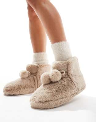 Zyla pom pom bootie slippers in mink-Gray