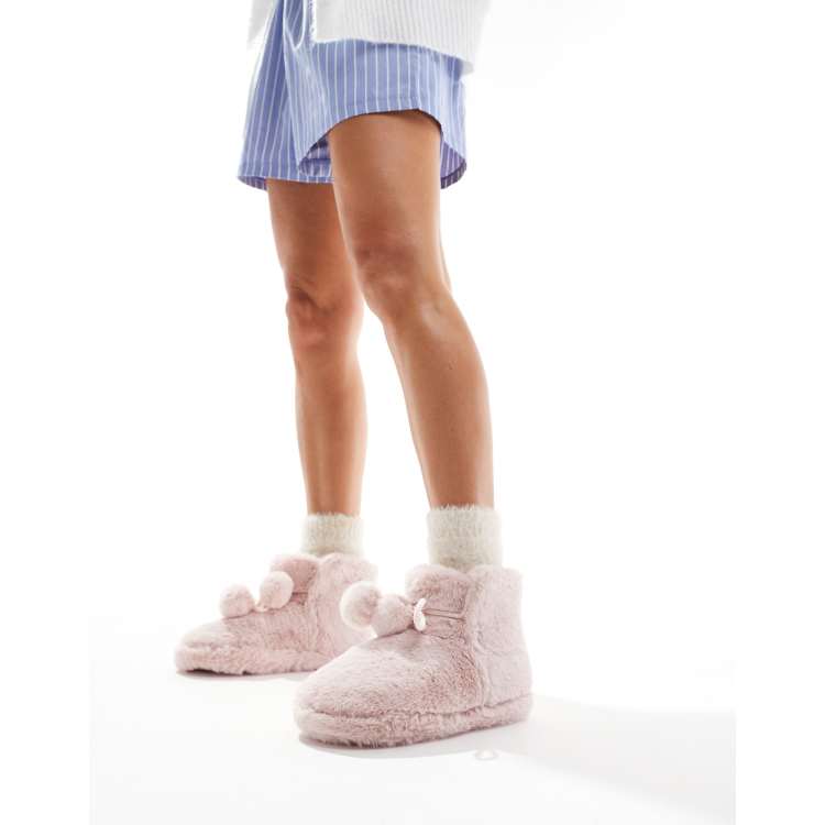 ASOS DESIGN Zyla pom pom bootie slippers in pink ASOS