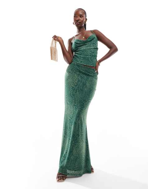 ASOS DESIGNA co-ord mesh fishtail skirt with side split in green snake print - view 1