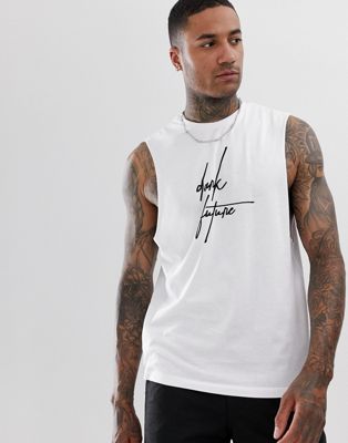 ASOS DESIGN afslappet t-shirt uden ærmer med Dark Future-logo-Hvid