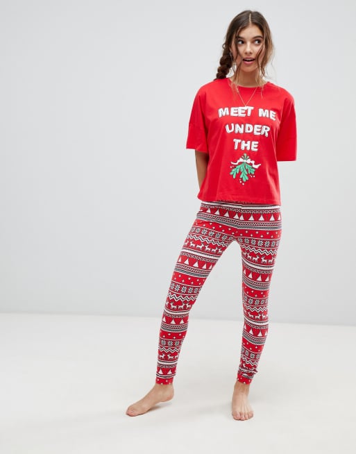 ASOS DESIGNMr & Mrs christmas meet me under the mistletoe boxy tee and  legging pyjama set