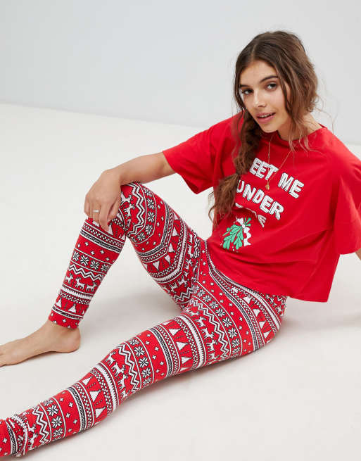 ASOS DESIGNMr & Mrs christmas meet me under the mistletoe boxy tee and  legging pyjama set