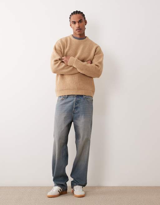 ASOS DESIGN&nbsp; super oversized boxy fit knitted fisherman rib jumper in beige, 2 of 5