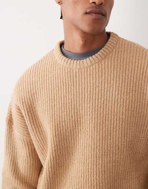 ASOS DESIGN&nbsp; super oversized boxy fit knitted fisherman rib jumper in beige, 3 of 5