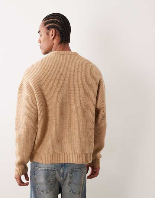 ASOS DESIGN&nbsp; super oversized boxy fit knitted fisherman rib jumper in beige, 4 of 5