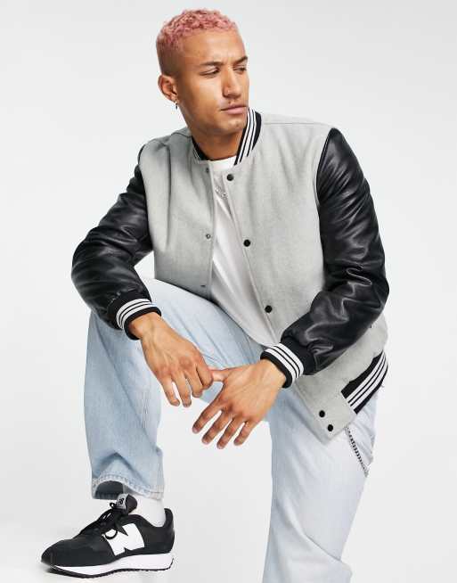 ASOS DESIGN varsity jacket with contrast faux leather sleeves in grey