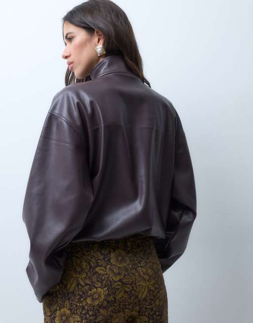 ASOS DESIGN&nbsp;faux leather quarter zip jacket in brown, 4 of 4