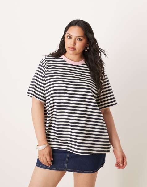 ASOS DESIN Curve regular fit stripe t-shirt with contrast binding - view 1