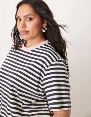 Asos Curve Asos Desin Curve Regular Fit Striped T-shirt With Contrast Binding-navy