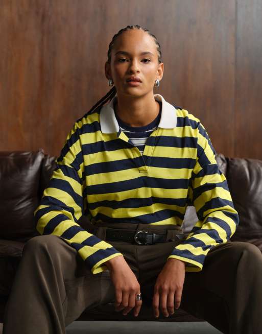 ASOS DESIN long sleeve rugby tee in navy and yellow stripe