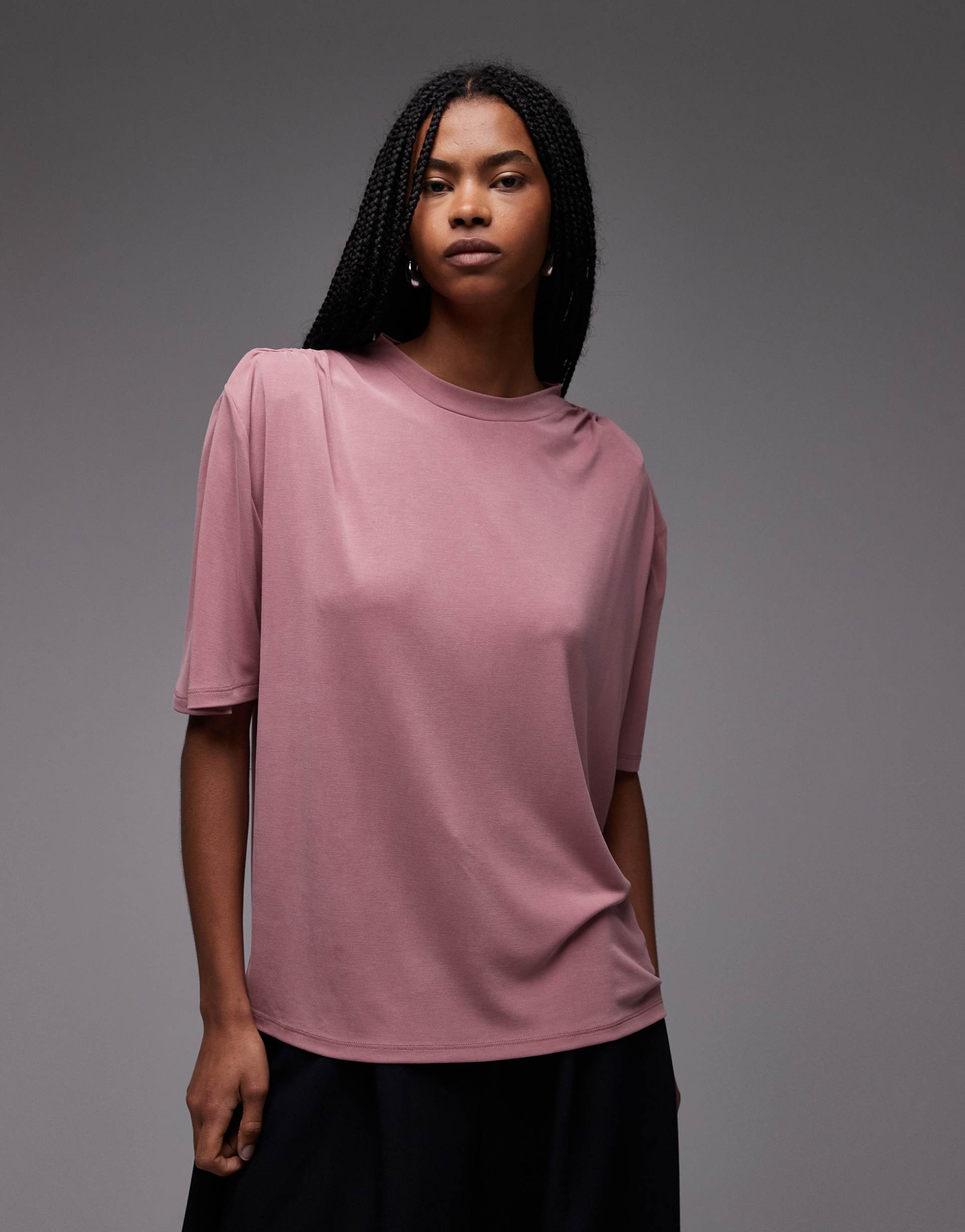 asos desin oversized modal tee with shoulder pad detailing in dusty pink