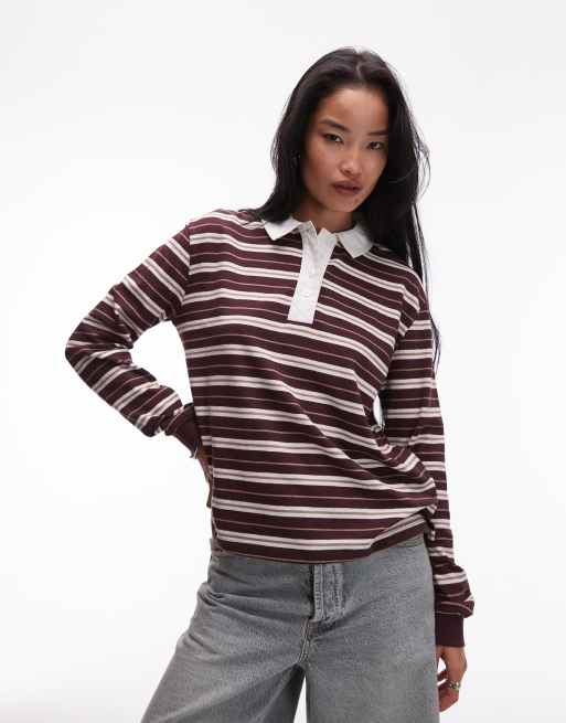 ASOS DESIN oversized rugby shirt in textured burgandy stripe