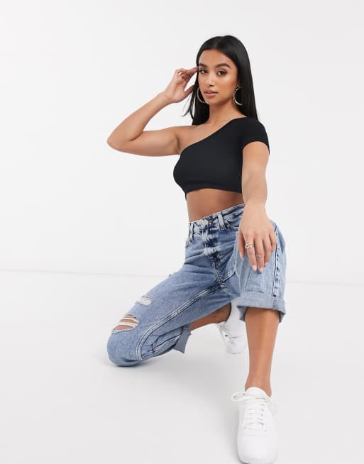 ASOS DESIN Petite super crop one shoulder top in black, 4 of 4