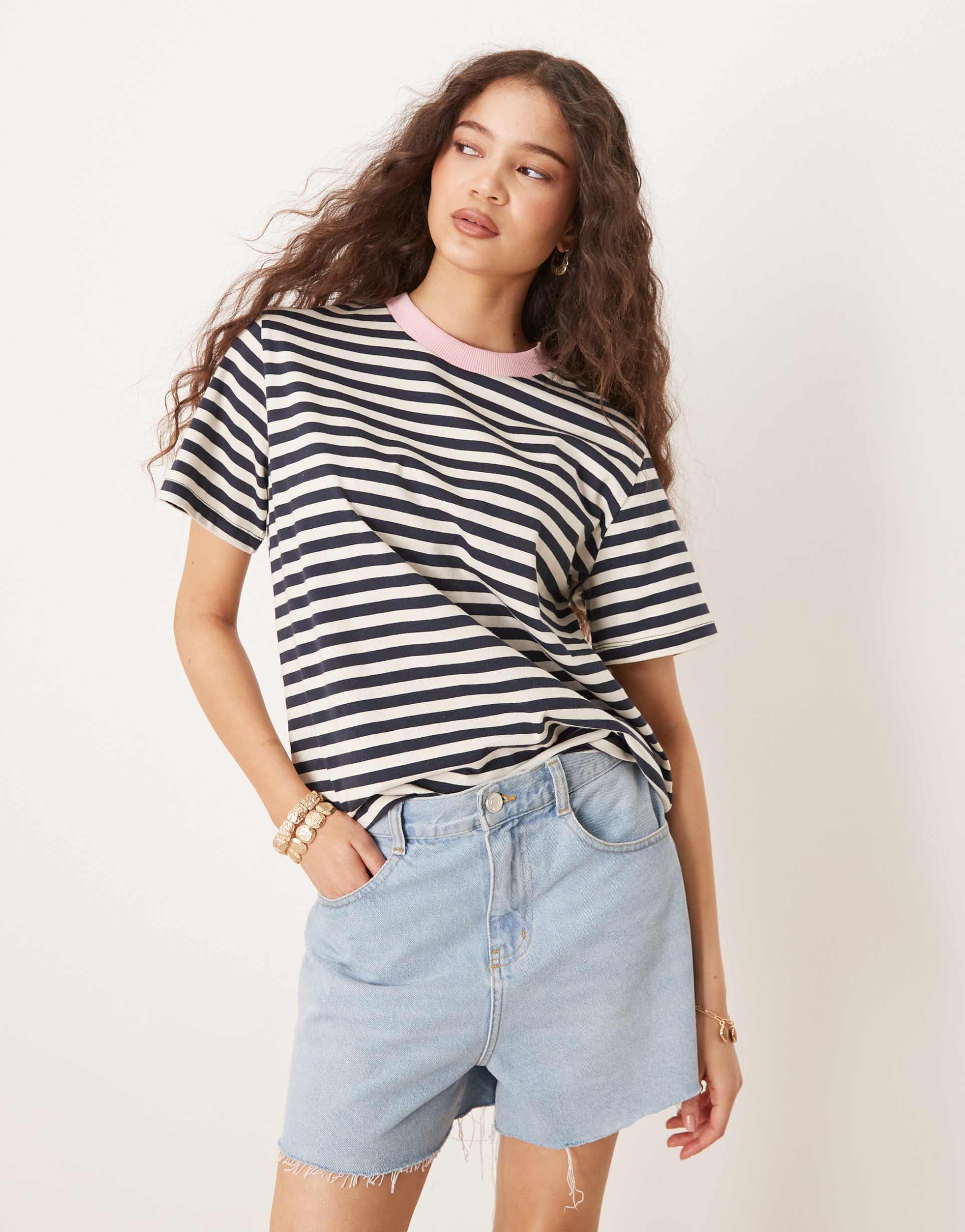 asos desin regular fit striped t-shirt with contrast binding