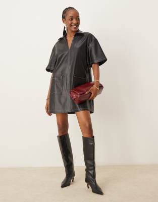 ASOS DESIN revere collar PU leather look mini shirt dress with contrast stitching in black