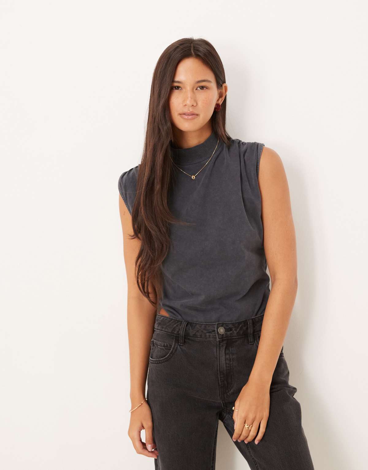 ASOS DESIN ruched detail tank bodysuit in washed charcoal