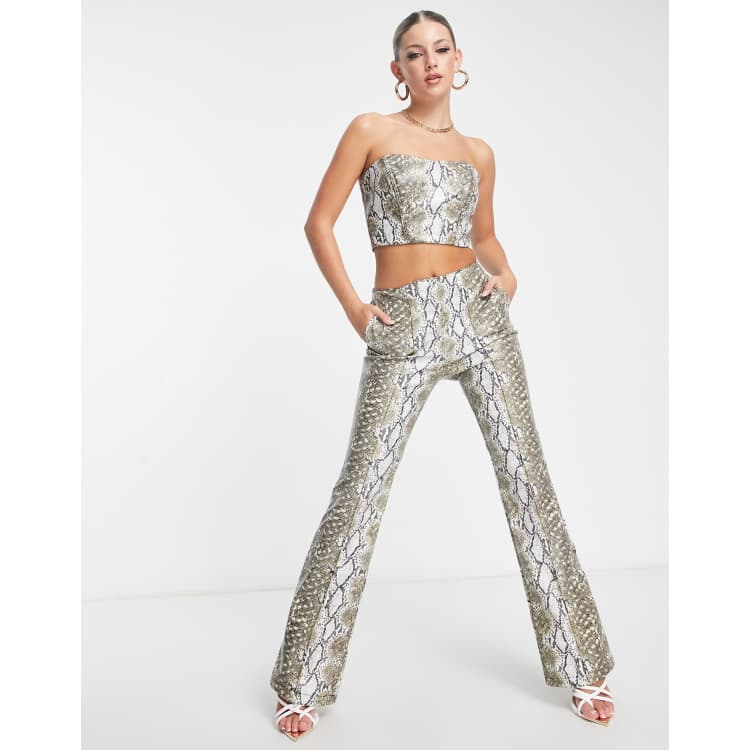 Flared Wide Leg High Waisted Pants-Snake Skin Print