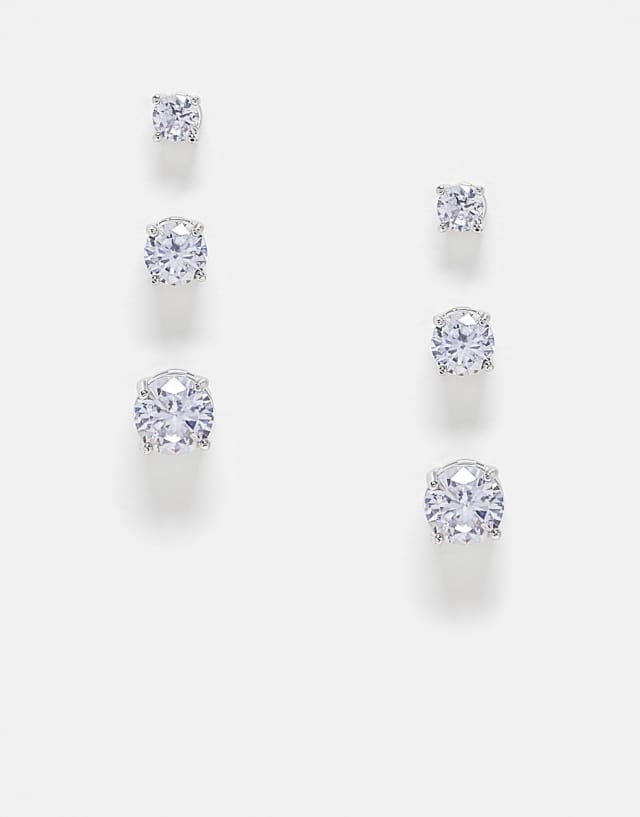 ASOS DESING pack of 3 stud earrings with graduating cubic zirconia detail in silver tone