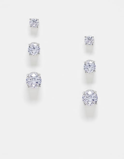 ASOS DESING – Silverfärgade stiftörhängen med kubisk zirkon i olika storlekar, 3-pack