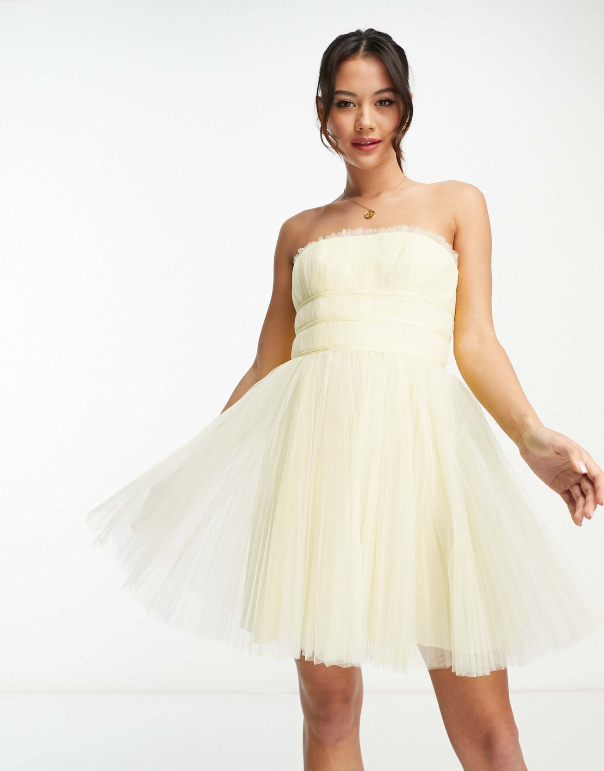 asos desisgn tulle channeled bodice mini dress in lemon yellow