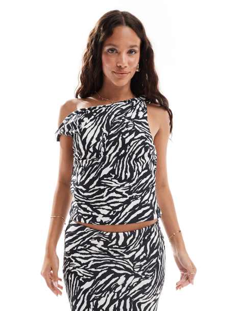 ASOS DESISN soft touch one shoulder co-ord top in zebra print - view 1