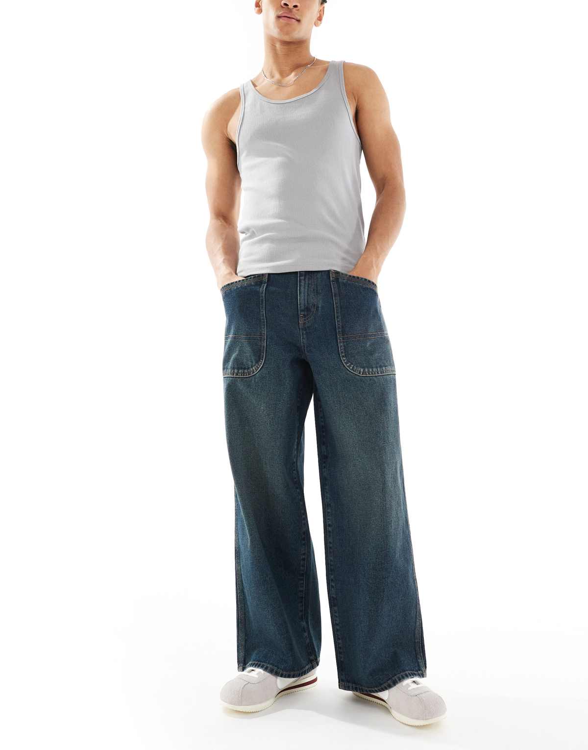 ASOS DESISN super baggy jeans with green tint in dark wash blue